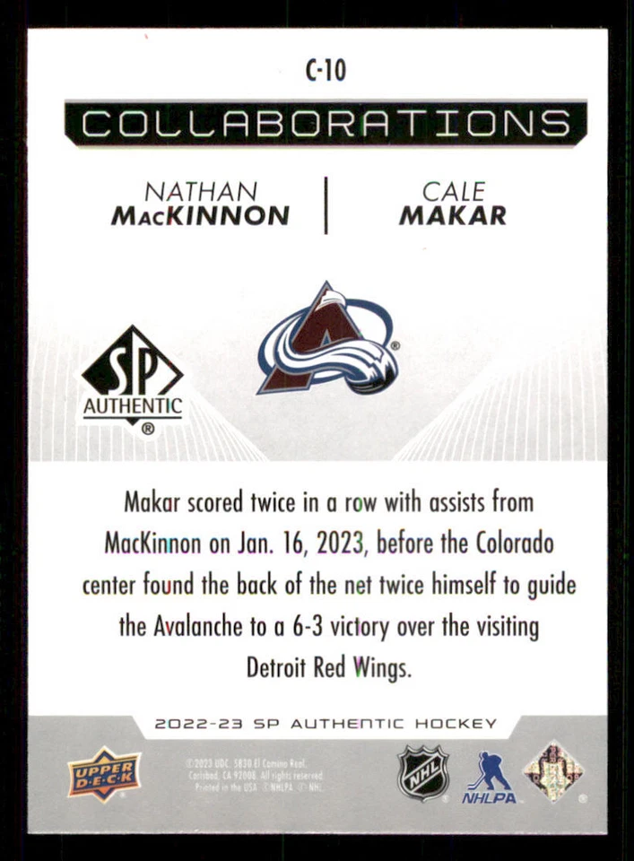 2022-23 SP Authentic Collaborations #C10 Nathan MacKinnon/Cale Makar - Image 2 of 2
