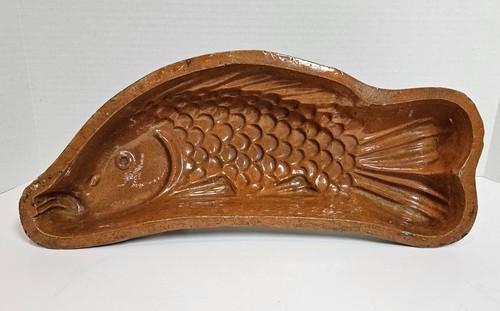 Antique Primitive Folk Art Redware Stoneware FISH MOLD Glazed Pottery Tri-Legged - Picture 3 of 12