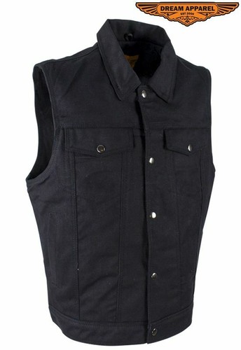 Men's Motorcycle Black Denim Vest w/ Buttoned Front Closure & Multiple Pockets - Picture 2 of 8