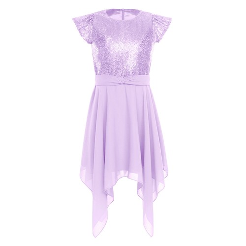 Kid Girl Sparkly Chiffon Dress with Belt Fly Sleeve Sequins Birthday Banquet  - Picture 38 of 74