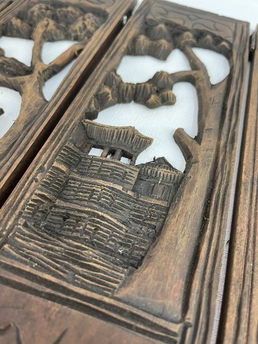 Carved Wooden ANTIQUE Folding Table Top Screen Six Paneled Hinged Asian Scenes - Picture 2 of 11