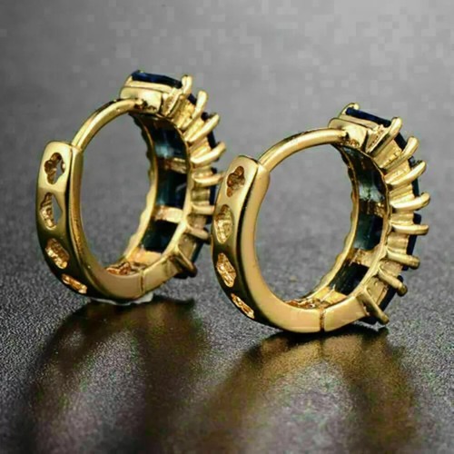 3 Ct Princess Cut Natural Blue Sapphire Hoop Earrings In 10K Real Yellow Gold - Picture 2 of 8