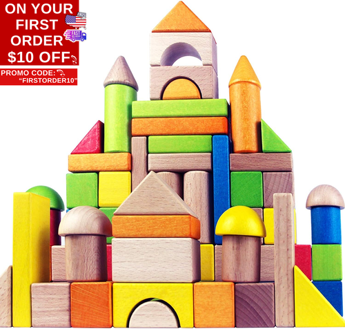 Wooden Building Blocks Set for Kids - Rainbow Stacker Stacking Game Construction
