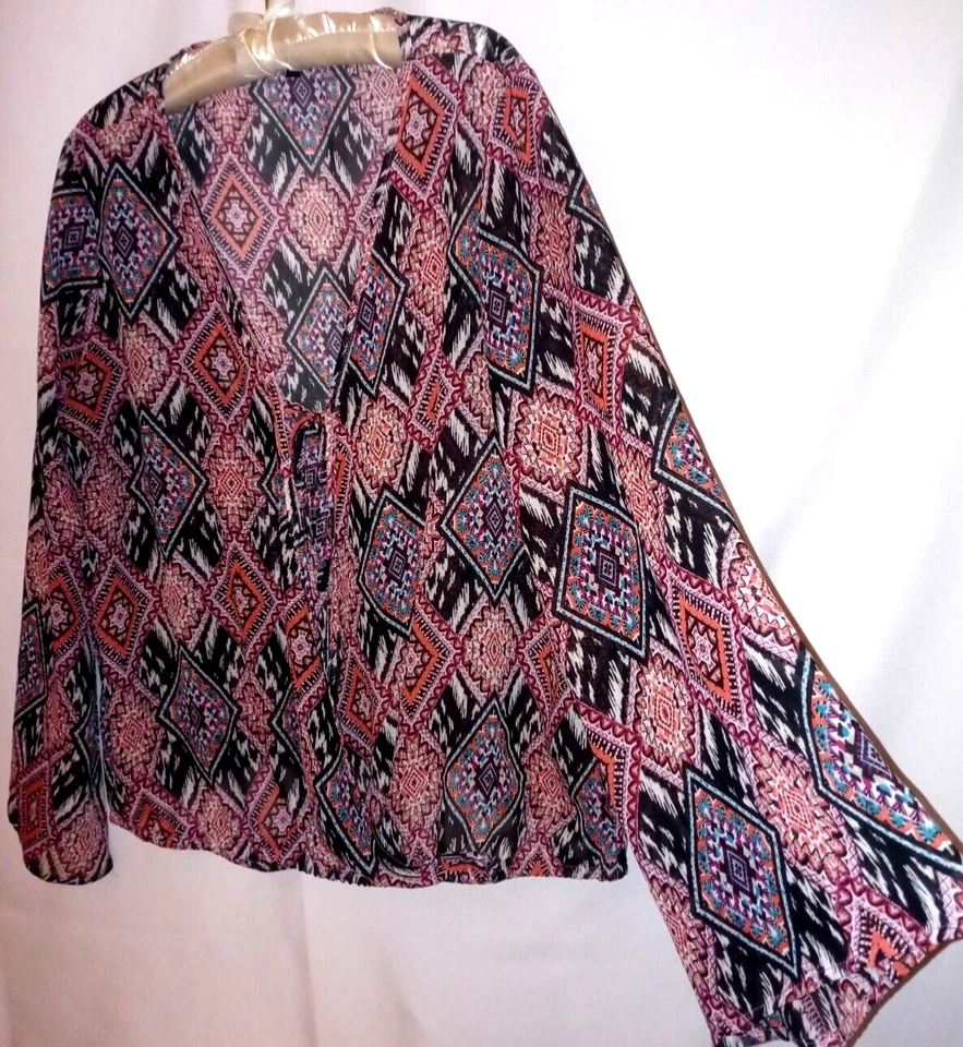 Derek Heart Top 1X Silky Sheer Boho Popover Banded Hem Cross Over Bust Shirt - Image 2 of 4