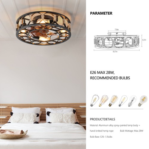 20 inch Ceiling Fan Light Farmhouse Caged Black Flush Mount w Remote Control Kit - Picture 3 of 12
