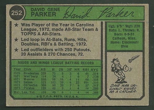 1974 Topps #252 Dave Parker Vintage Baseball Card Pittsburgh Pirates Outfield OF - Picture 2 of 2