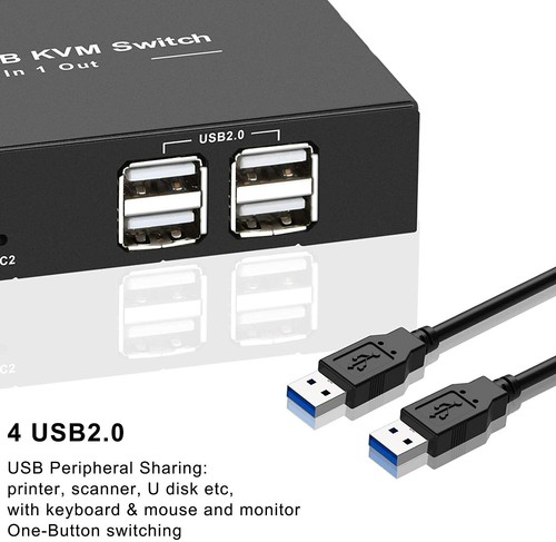 KVM Switch HDMI 2 Port Box,USB Switch Selector with 4 USB 2.0 Hub Share 2 PC - Picture 3 of 7