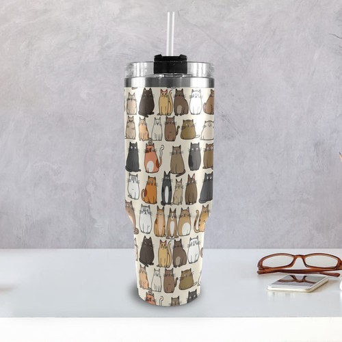 Cat Animal Pattern 40oz Tumbler Cup Insulated Travel Mug with Straw Gift - Picture 6 of 6