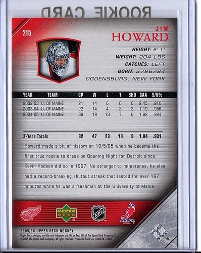 JIMMY HOWARD 2005-06 UPPER DECK YOUNG GUNS ROOKIE RED WINGS AUTO SIGNED COA - Picture 2 of 2