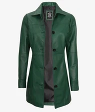 Women's New Design Slim Fit Real Sheepskin Green Leather Winter Car Trench Coat