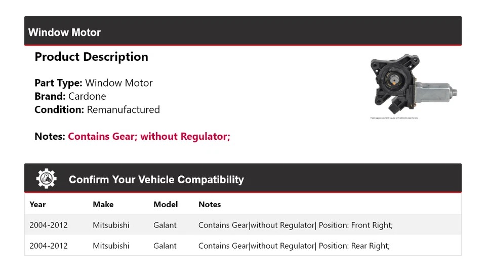 Motor ventana cardone para Mitsubishi Galant 2004-2012 2005 2006 2007 2008 2009 Foto 2 de 4