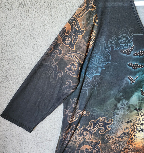 One World Women's L/S T Shirt Top AOP Halloween Black Cat Spider Webs Bats Sz 3X - Picture 5 of 12