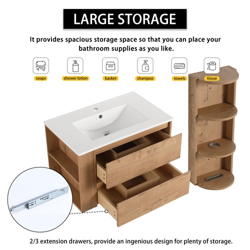 30" Plywood Wall-Mounted Bathroom Vanity Cabinet With Ceramic Sink +Storage Rack - Picture 8 of 24