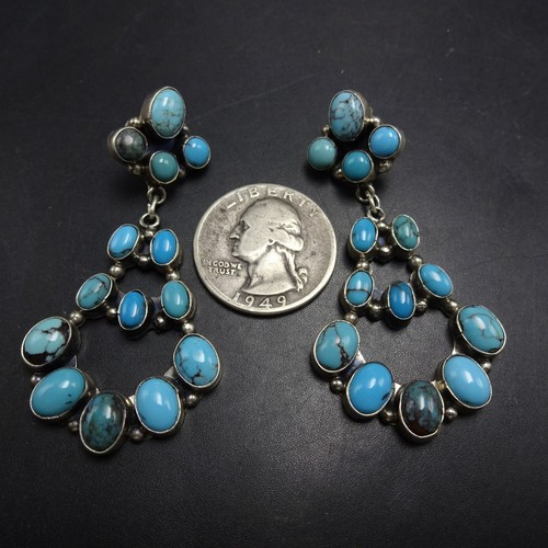 Signed Navajo TURQUOISE CLUSTER Sterling Silver EARRINGS Pierced Chandelier - Picture 2 of 13