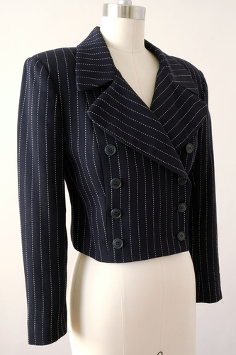 Vintage Norma Kamali 1990's Navy Double Breasted Pinstripe Cropped Blazer Jacket - Picture 8 of 15