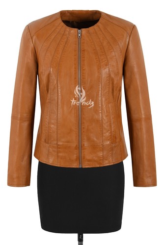Women's Tan Leather Jacket Biker Collarless Slim Fit Fashion Designer Dua Lipa - Picture 5 of 10