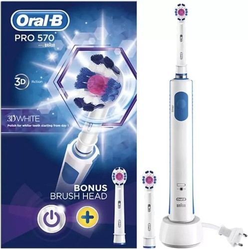 Cepillo de dientes eléctrico genuino Oral B Pro 570 Braun 3D blanco con 2 cabezales de recarga - Imagen 7 de 7