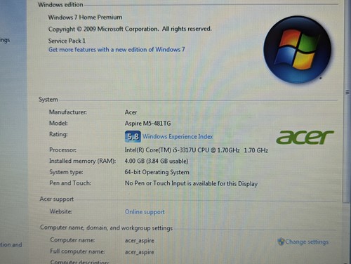 Acer Aspire M5-481TG Z09 15.6" 500GB HD Intel i5 4GB RAM Laptop Win7 - Picture 7 of 11