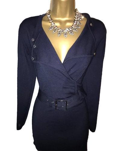 Karen Millen Size UK 12 14 RARE NAVY BLUE MILITARY BELTED JUMPER DRESS - Picture 2 of 12