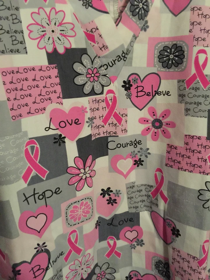 WOMAN'S HQ SCRUBS BRAND SHORT SLEEVE HEARTS CANCER SCRUB SHIRT SIZE L - Image 2 of 4