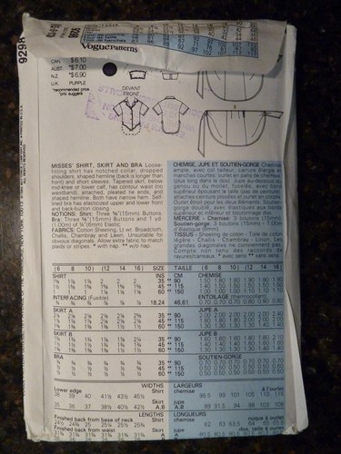 Vogue 9298 Misses Shirt, Skirt & Bra Original 1985 Pattern size 6/8/10 Cut - Picture 3 of 3