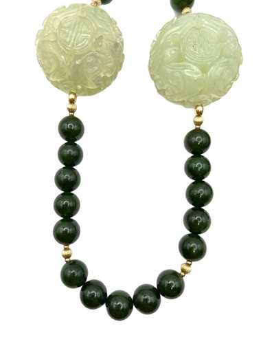 Collana vintage cinese intagliata verde nefrite giada e serpentina perline 30” usata in ottime condizioni - Foto 5 di 24