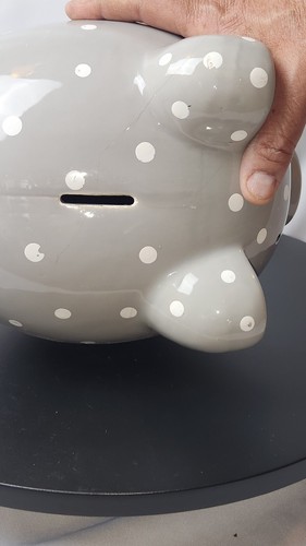 2020 Lila & Jack Brand Ceramic Gray W/white Polka Dot Piggy Bank - 7" Tall, 9" L - Picture 5 of 7