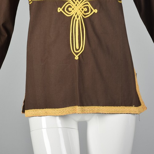 M 1970s Brown Bohemian Top Long Sleeve Cotton Tunic Soutache Trim Hippie 70s - Picture 5 of 10