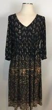 K Studio 12 Jersey Dress Black Tan White Print W Gathered Waist & 3/4 Sleeves