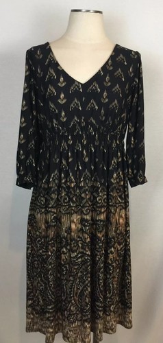 K Studio 12 Jersey Dress Black Tan White Print W Gathered Waist & 3/4 Sleeves - Picture 1 of 7