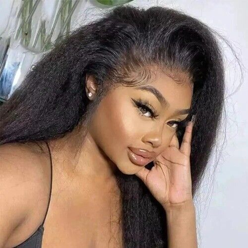 Kinky Straight 13x4 Lace Front Human Hair Wigs Brazilian Bone Yaki Straight - Picture 1 of 22