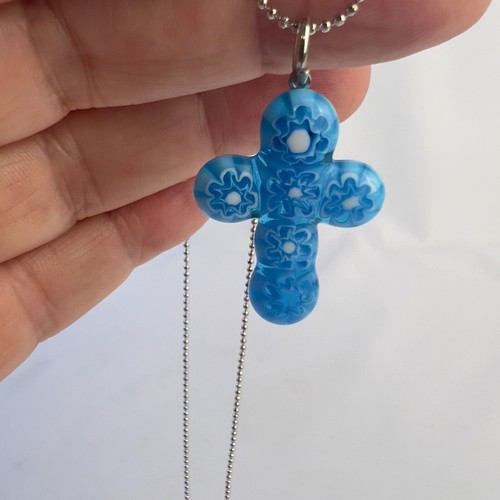 "Nuevo collar de cadena de plata colgante religioso cruz de cristal de Murano 18"" azul" - Imagen 12 de 16