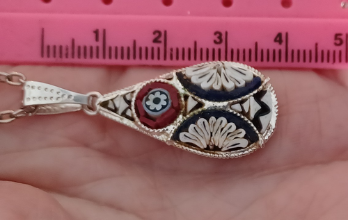 Vintage Micro Mosaic Italian Pendant Necklace Teardrop Daisy Stamped ITALY - Imagen 8 de 8