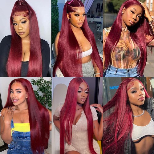 99j Burgundy 13x6 Lace Front Wigs Human Hair 30inch Straight Red Wigs Human H... - Picture 7 of 7