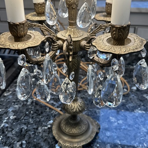 Antique French Brass and Crystal Five Light Girandole Chandelier Lamp - Picture 13 of 20