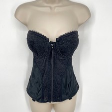 Frederick  s of Hollywood Lace Corset Sz 36D Black Zip Front Sheer Back Boning