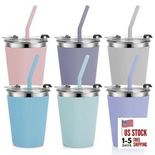 6 Pack Kids Cups with Straws and Pink, Dark Gray, Gray, Blue, Green, Purple