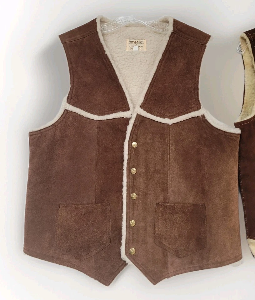 LOT OF 4 VINTAGE LEATHER SUEDE VESTS WESTERN CORDUROY SHERPA LINED SNAPS ADULT - Image 3 of 4