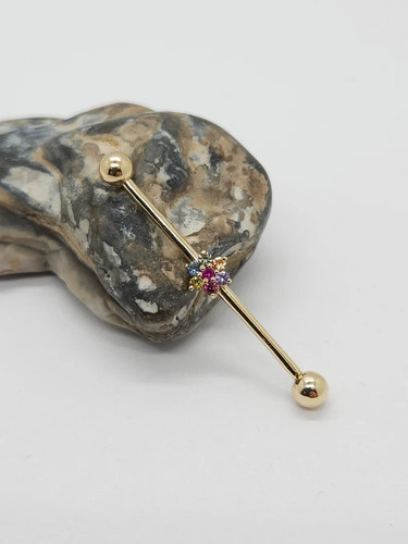Industrial Piercing 18K Yellow Gold Over Flower Multi-Gemstone Barbell Scaffold