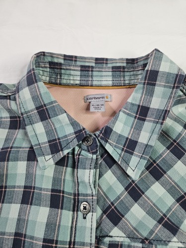 Carhartt Flannel Button Down Shirt Women XL 16-18 Green Blue Plaid Long Sleeve - Picture 7 of 14