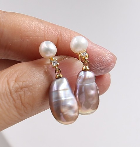 June Pearl Purple 8x10x16 mm Cultured Pearl Stud 18KGP Stud Earrings - Picture 2 of 4