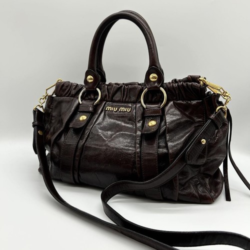 Miu Miu VITELLO LUX 2way Handbag Shoulder bag Leather Dark Brown Used 5215