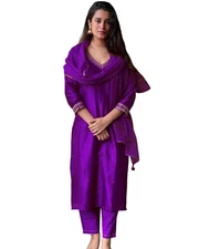 GoSriKi Women's Cotton Blend Straight Embroidered Kurta with Pant & Dupatta