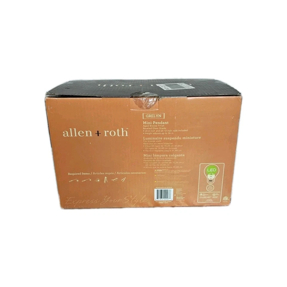 Allen + Roth Mini Pendant Aged Bronze Beveled Glass Shade New In Box - Image 3 of 4