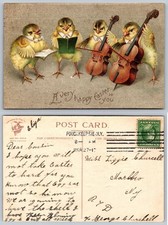 Antique Easter Postcard Chicks Playing Cello Violin Music International Art Publ