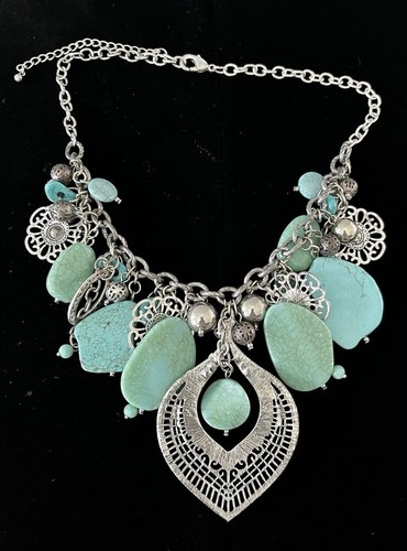 Vintage Estate Faux Turquoise Silver Tone Bib Statement Necklace Boho Western - Picture 6 of 19