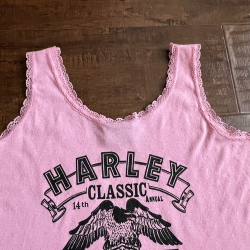 Vintage 1990s Harley Davidson 3D Emblem Pink Butterfly Lace Cami Tank Women's L - Picture 13 of 17