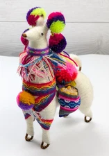 Peruvian Handmade Stuffed Llama Alpaca Wool Figurine with Pompoms Tassels 7.5”
