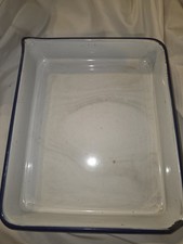 Vintage 10x12 Inch White  Blue Porcelain Metal Tray, Darkroom Developer Tray