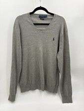 Polo Ralph Lauren Sweater Mens Large Gray V Neck Pima Cotton Pullover Classic